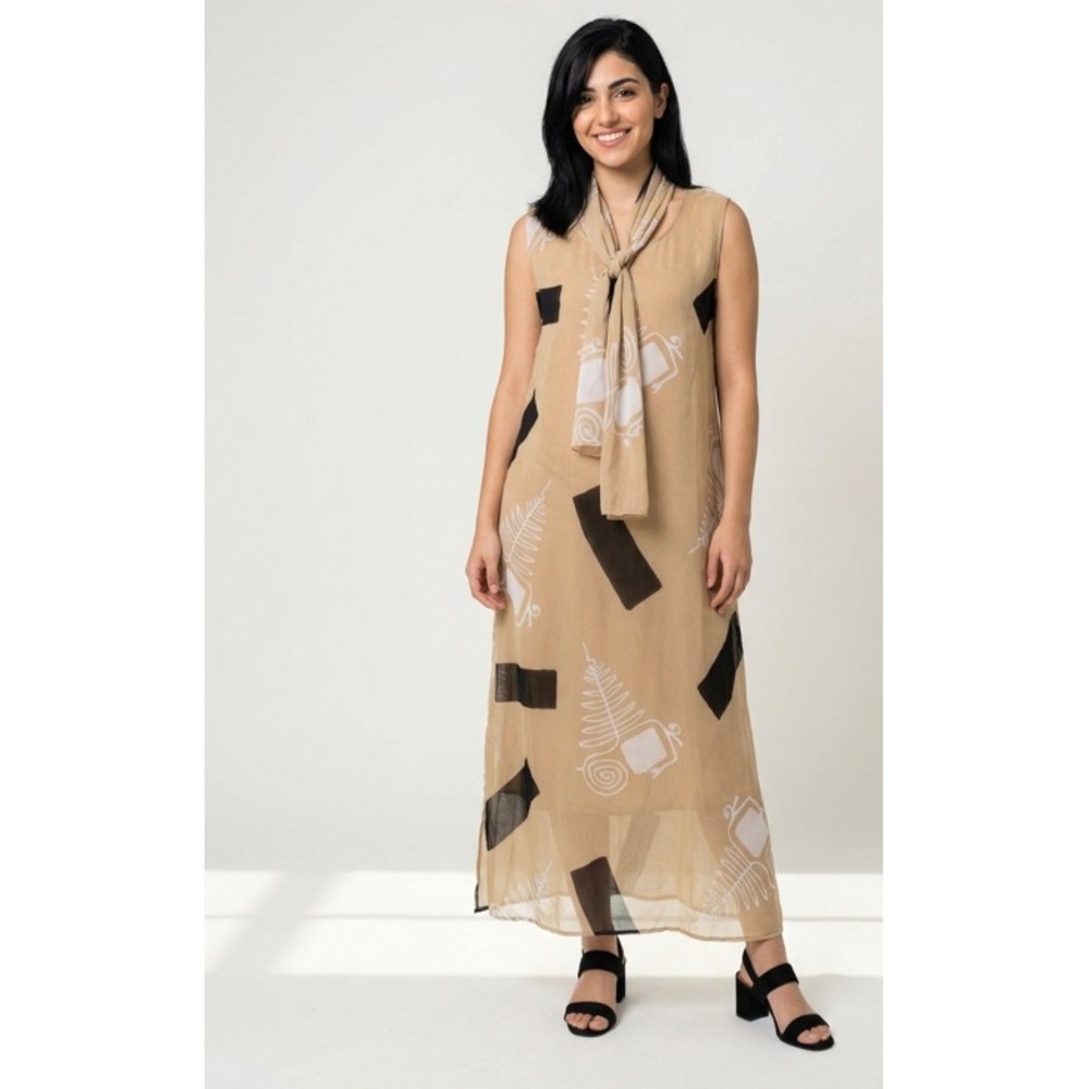 Vintage Tan Abstract Print Sleeveless Maxi Dress with Scarfโ Small Retro Travel